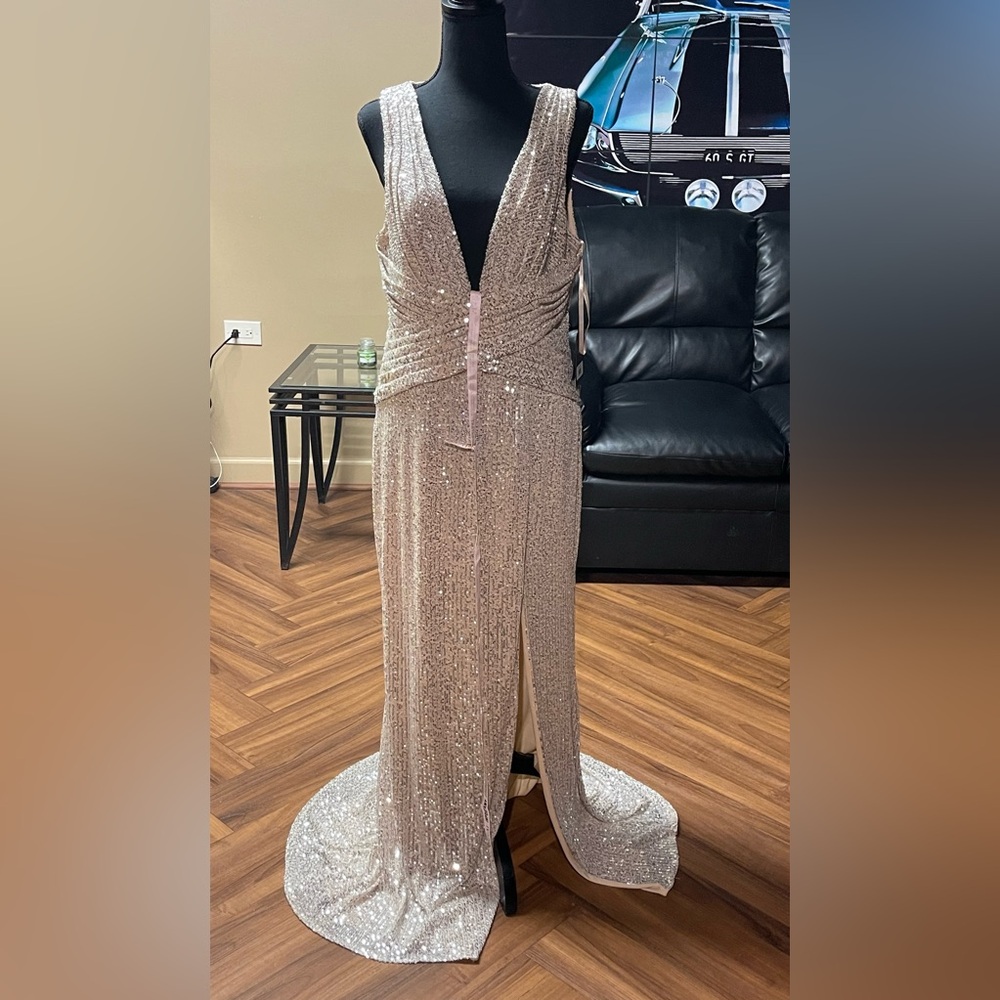 Mac Duggal Gold Sequin Plunge Maxi Gown